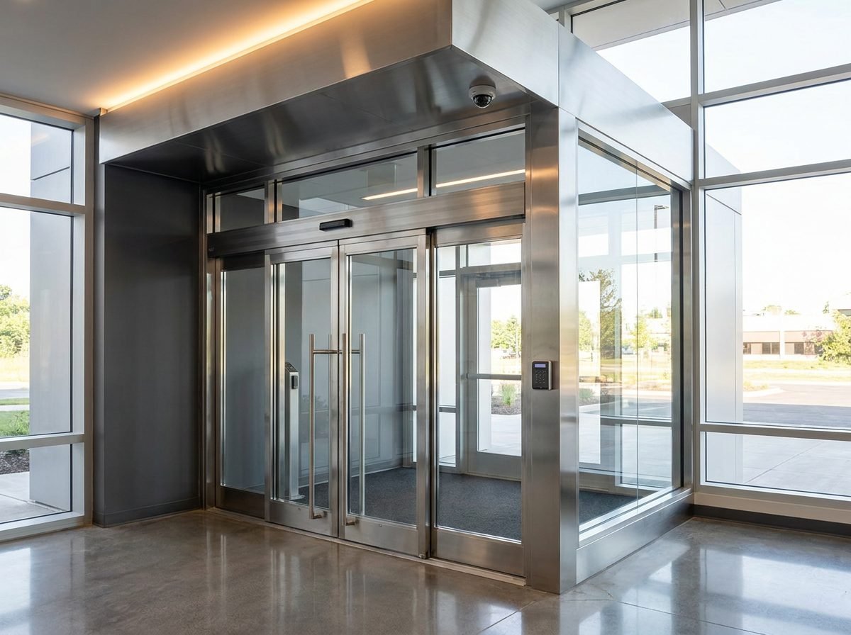 A commercial entrance with automatic glass doors, a wall-mounted access-control card reader and a ceiling security camera — the whole opening