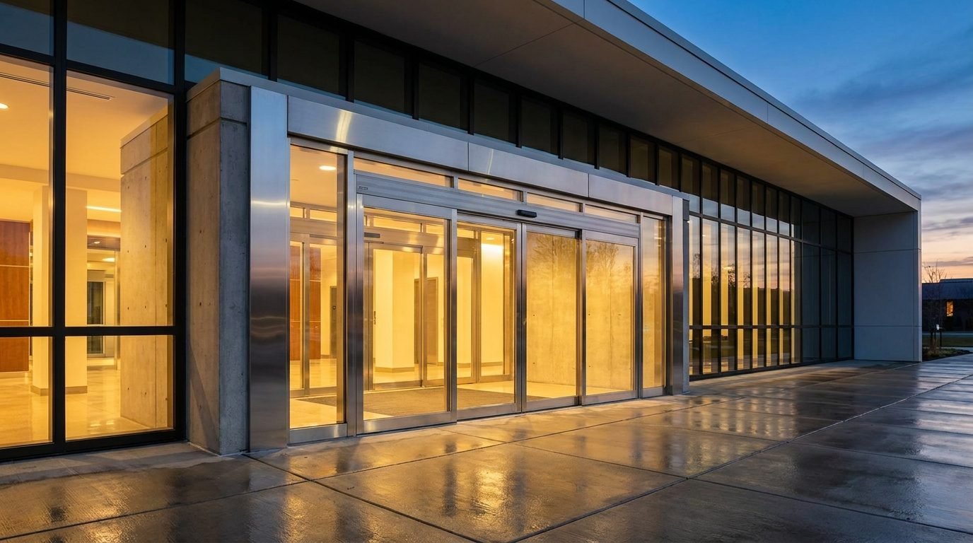 A modern commercial building entrance with automatic glass doors